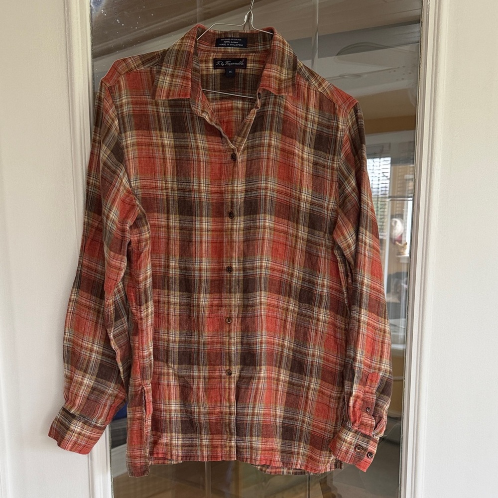 Faconnable linen rust tan brown plaid button front  shirt - size medium